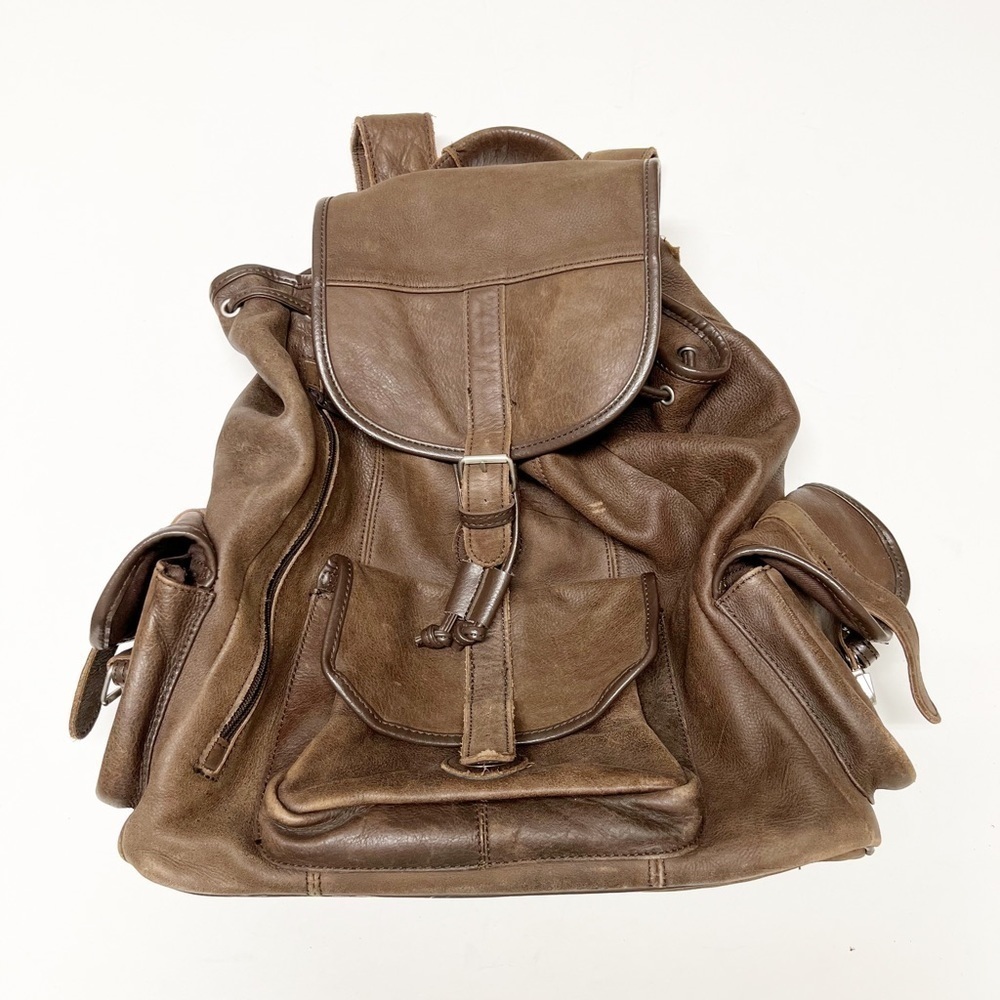 Vintage 90s Y2K Leather Multi Pocketed Buckle Closure School Style Backpack